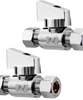 Two-pack chrome brass angle stop valves with 1/4 in compression fittings; quarter-turn handles.