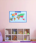 World Map Poster Set 2-Pack For Classroom And Home Learning, 19.68 By 13.77 Inches, colorful world map on pink wall above cubbies