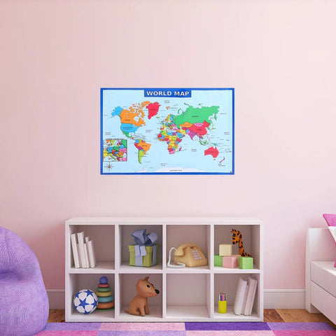 World Map Poster Set 2-Pack For Classroom And Home Learning, 19.68 By 13.77 Inches, colorful world map on pink wall above cubbies