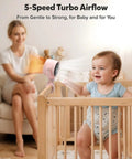 Rechargeable Clip On Baby Stroller Fan With Five Speeds mounted on crib providing breeze, mother and baby in the room