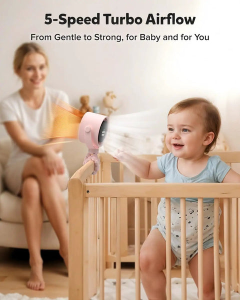 Rechargeable Clip On Baby Stroller Fan With Five Speeds mounted on crib providing breeze, mother and baby in the room