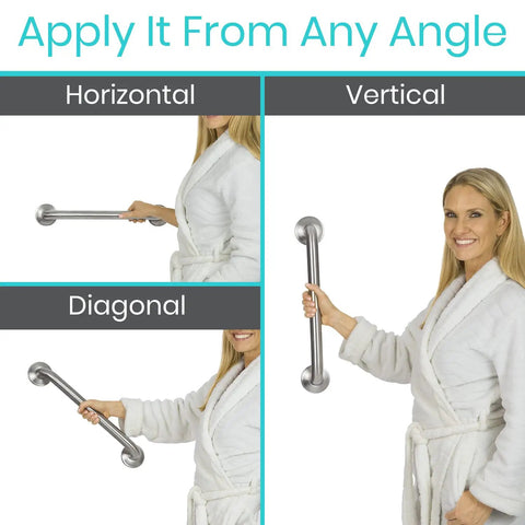 Person in robe demonstrating Heavy Duty Shower Grab Bar For Bathroom Safety And Seniors Stainless Steel Handrail in various positions.