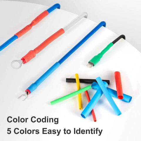 1120 Piece Heat Shrink Tubing Kit With Two To One Shrink Ratio, shown color coding wires with 6 colors of polyolefin insulation.