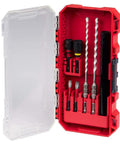 Legit Tough Impact Drill And Drive Combo For Concrete Screws With Durable Carbide Tips Built In Quarter Inch Hex Shank Compatible With Power Tools Workhorse Kit displayed in a red case with drill bits and drivers.