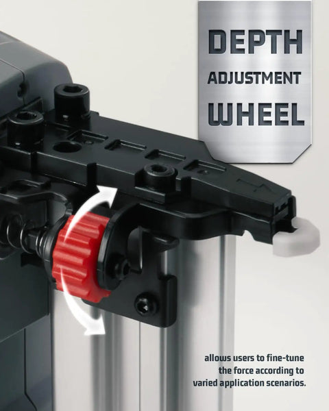 Kickass Cordless Brad Nailer Kit depth adjustment wheel for precise force tuning in trim work, features a red adjustment knob.