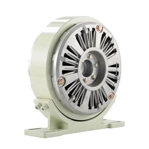 Front view of electromagnetic powder brake with base; circular metal housing with radial fins, DC24V.