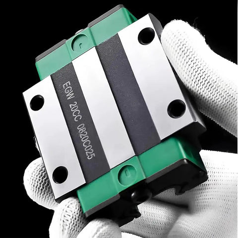 Heavy Duty Linear Guide Block With 4 Row Ball Bearings For CNC Router 3D Printer And Automation Gear Workhorse Carriage On High Precision Linear Rail For Smooth Reliable Motion, steel carriage in gloved hand