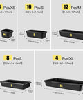 60 Piece Tool Box Organizer Tray Set With 5 Sizes For Easy Drawer And Garage Storage, Black Plastic Trays For Tools, Home Office Supplies, And Workshop Organization, showing tray dimensions and quantities