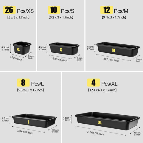 60 Piece Tool Box Organizer Tray Set With 5 Sizes For Easy Drawer And Garage Storage, Black Plastic Trays For Tools, Home Office Supplies, And Workshop Organization, showing tray dimensions and quantities