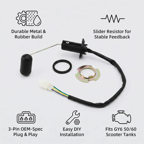 Float Type Gas Tank Level Sensor Kit For GY6 50cc Scooters Mopeds ATVs Go Karts 139QMA 139QMB TaoTao Jonway Replacement Parts With Durable Float Assembly And Corrosion Resistant Metal Rod For Accurate Fuel Readout, 3-pin plug