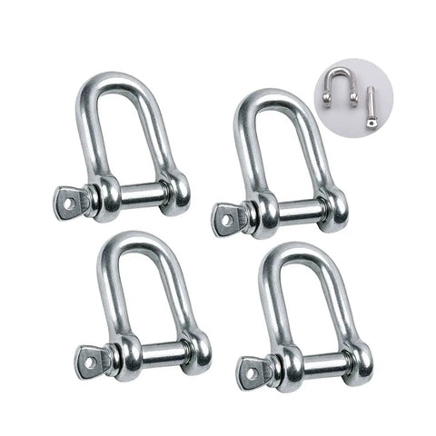 Set of four Straight Up Heavy Duty 304 Stainless Steel Screw Pin Anchor Shackles for rigging and towing.