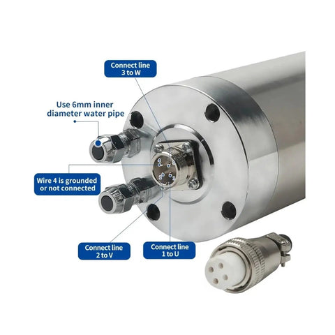 Top Shelf 2.2kw Water Cooled Electric Woodworking Spindle Motor featuring connection points and water pipe setup details.