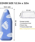 12.5 X 32 Inch Mini Ironing Board Cover with blue leaf design, package details showing contents and dimensions