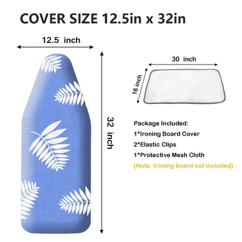 12.5 X 32 Inch Mini Ironing Board Cover with blue leaf design, package details showing contents and dimensions