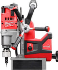 Front view of Milwaukee M18 FUEL 1-1/2 in. Lineman magnetic drill kit with red/black housing and magnetic base