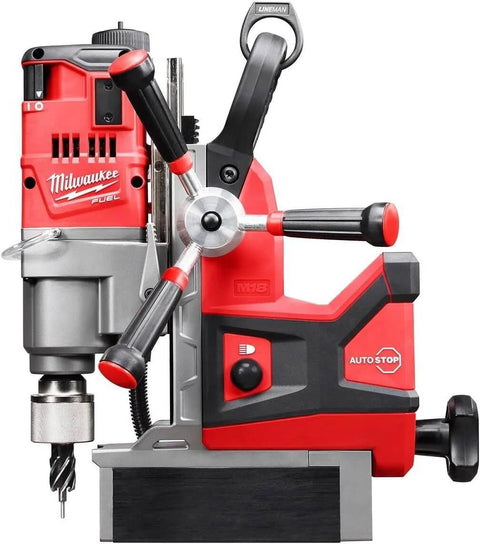 Front view of Milwaukee M18 FUEL 1-1/2 in. Lineman magnetic drill kit with red/black housing and magnetic base