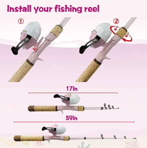 Kids Fishing Pole Set With Rod And Reel Combo Tackle Box Lures Net Bag Pink 59 Inch Sweet Starter Kit reel installation guide