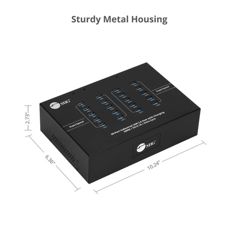 Heavy Duty Industrial USB 3.0 Hub With 20 Ports Delivers Slap 5Gbps Transfer Speeds And Badass 200W Charging Station on metal housing.
