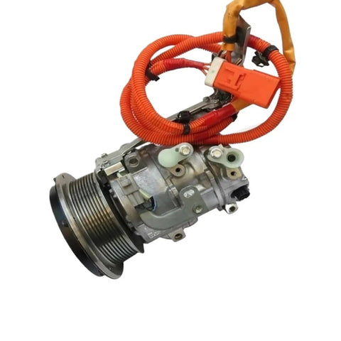 Heavy Duty Electric Hybrid Air Conditioning Compressor Direct Fit Swap For Toyota Alphard 2 4, showcasing a detailed compressor with orange wiring.