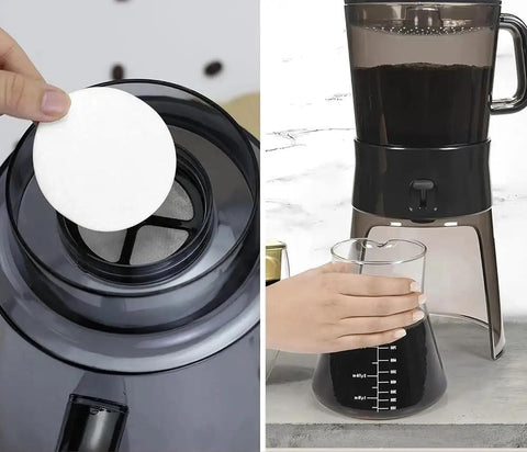 Using Round Cold Brew Coffee Paper Filters 500 Count Fine Disposable Rounds Fit 32 Oz Brewers for easy coffee brewing.