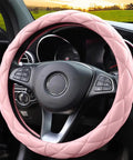 Sweet Baby Pink Steering Wheel Cover Soft Microfiber Leather Universal 15 Inch Thick Quilted Non Slip Pad in a car interior.