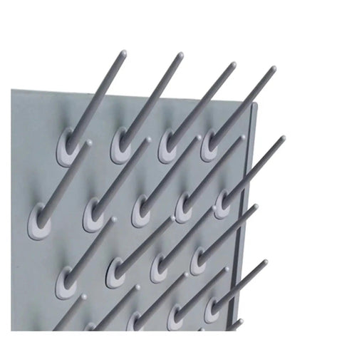 Close-up of Wall Lab Drying Draining Racks With 27 Pegs, Made From Food Grade PP Plastic In Grey, featuring multiple drying pegs.