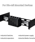 2U 19 Inch Rack Mount DIN Rail Kit Adjustable Depth 48 to 174 Millimeters Aluminum Rack Mount Bracket With 35 Millimeter DIN Rail For Industrial Media Converter Ethernet Switch Power Supply with devices mounted.