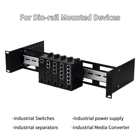 2U 19 Inch Rack Mount DIN Rail Kit Adjustable Depth 48 to 174 Millimeters Aluminum Rack Mount Bracket With 35 Millimeter DIN Rail For Industrial Media Converter Ethernet Switch Power Supply with devices mounted.