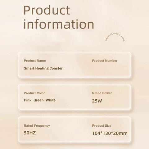 Product information for Smart Electric Mug Warmer With Three Heat Modes And Automatic Shutoff in pink, green, and white colors.
