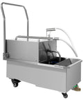 Commercial Fryer Filter Machine Featuring No Sweat Mobile Oil Filtration Cart, Stainless Steel Cooking Oil Separator For Restaurants, Quick 14 Gallon High Flow Pump System Built Tough, steel frame with hoses.