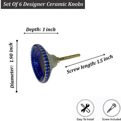 Side view of blue ceramic knob with gold detail, 1.9 in diameter and 1 in depth, part of Marrakesh Mix Ceramic Cabinet Knobs Set Of 8 For Kitchen Cabinets And Furniture, Cool Marrakech Vibes Handcrafted Ceramic Pulls For Cupboards, Doors, Dressers, Wardrobes And Drawers