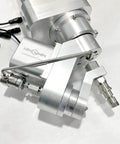 Side view of silver aluminum Waterjet AC-5AXIS cutting head upgrade with 0-70° angle and branding on the housing.