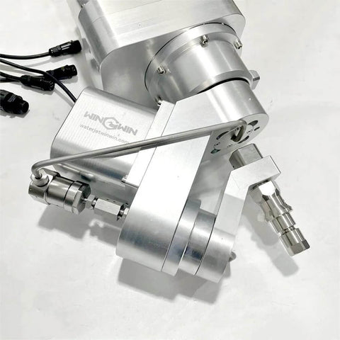Side view of silver aluminum Waterjet AC-5AXIS cutting head upgrade with 0-70° angle and branding on the housing.