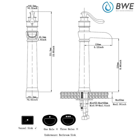 Diagram showing dimensions of Waterfall Vessel Sink Faucet With Single Hole Install, Oil Rubbed Bronze Rustic Farmhouse Lavatory Tall Basin Vanity.