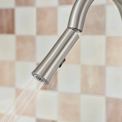 Close-up of Top Shelf Pulldown Kitchen Faucet In Slick Spot Resist Stainless Steel with 360 swivel spray wand.
