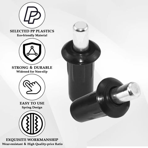 Heavy Duty Cabinet Door Repair Pins And Damper Replacement Clips With Retractable Shelf Support Brackets, black plastic and steel pins, compact size.
