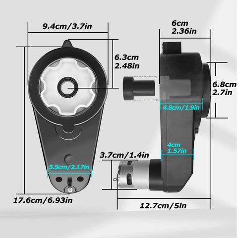 Side and front view of Two Pack High Torque Gearbox Upgrade For Power Wheels Ride On Cars 24V 36V Dual Aperture Sizes with dimensions.