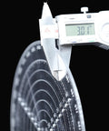 Close-up of clear acrylic 200mm circle center finder compass with stainless steel needle and pencil for woodturning.