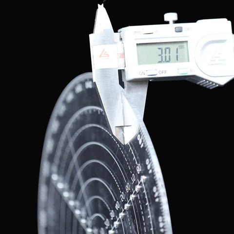 Close-up of clear acrylic 200mm circle center finder compass with stainless steel needle and pencil for woodturning.