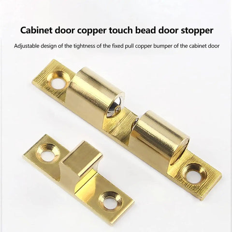 Push To Open Magnetic Cabinet Latch 2 Pack Gold Finish Door Catch And Drawer Closer shown laid out with built-in spring plunger