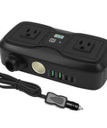 200W Car Power Inverter 12V Dc To 110V Ac With Dual Ac Outlets And Quad Usb Charging Ports, compact black design.