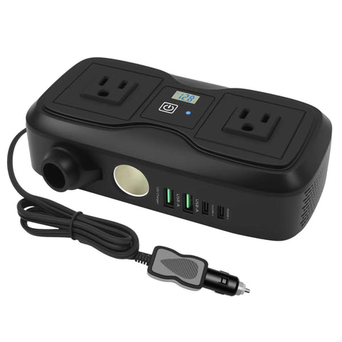 200W Car Power Inverter 12V Dc To 110V Ac With Dual Ac Outlets And Quad Usb Charging Ports, compact black design.