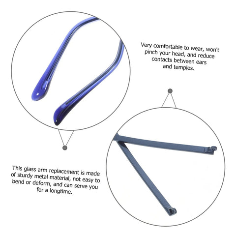 Two Pairs Replacement Glasses Arms Lightweight Eyeglass Temples Easy To Install, blue metal arms in close-up and side view