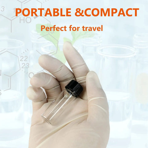 Premium 8ML Clear Borosilicate Glass Vials With Tight Screw Caps Totally Leakproof Lab Grade Storage Bottles For Beauty And Science Work Solid 20 Pack, held in gloved hand.