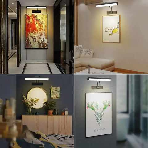 Dimmable Wireless Rechargeable Picture Light With Remote And Timer illuminating artwork in various room settings.