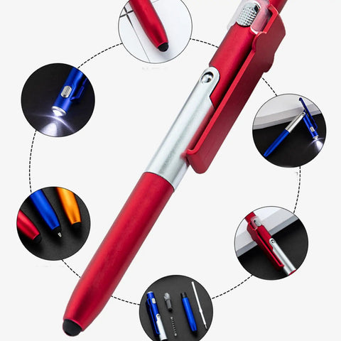 5 Must-Have Multifunctional Ballpoint Pens With 4-In-1 Writing, LED Light, Foldable Phone Stand, Smooth Fast-Dry Ink, Smudge-Resistant, Clip On Pocket Or Notebook, Lightweight Desk Accessory Gift red metal pen with LED light and foldable stand