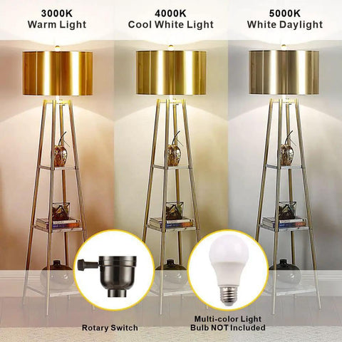 Tall Floor Lamp With Shelves And Gold Shade, Standing Reading Light For Living Room And Bedroom, modern pole under different light settings