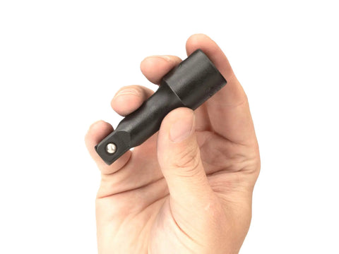 Hand holding One Half Inch Drive To Three Inch Impact Extension For Impact Drivers, Increases Reach For Hard To Reach Fasteners