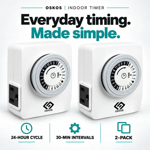 Total Snap 24 Hour Mechanical Outlet Timer With 30 Minute Setting Pins And Dual Grounded Outlets For Dead Simple Daily On Off Scheduling Christmas Trees And Small Appliances Killer Price Two Pack Bundle shown in white, featuring timer dial and dual plugs.