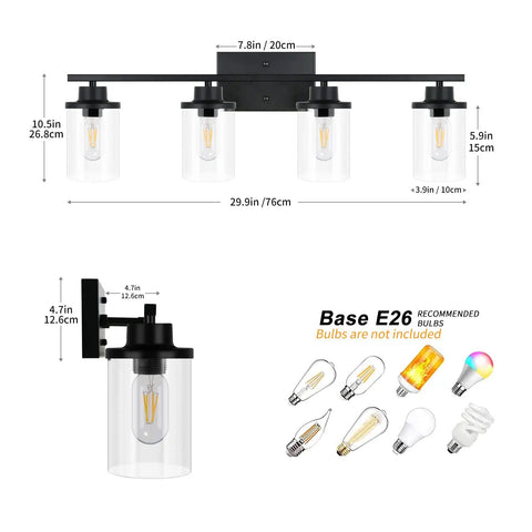 Dope Four Light Matte Black Vanity Lights Over Mirror Farmhouse Style Wall Sconces With Clear Glass Shades dimensions view